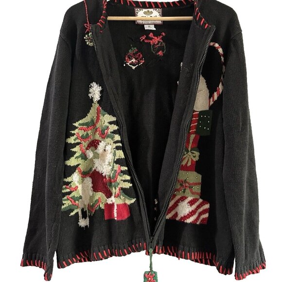 Tiara Int. Women ugly Christmas kitty cat Sweater Black Full Zip VTG sz M - Picture 14 of 16